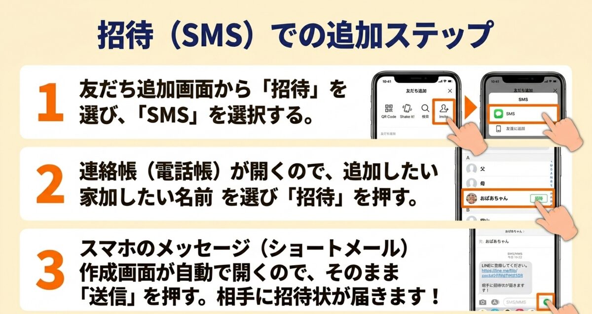 SMS招待での追加3ステップ:①招待→SMSを選ぶ ②連絡先から相手を選び招待 ③そのまま送信