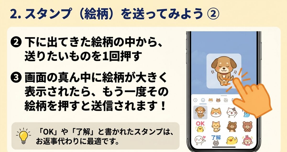 送りたいスタンプを1回押すと大きく表示され、もう一度押すと送信される