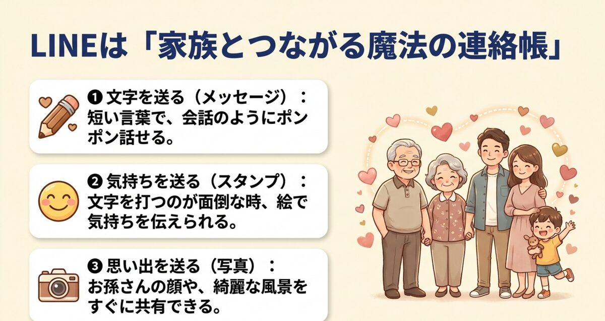 LINEの3つの魔法:①文字を送る(メッセージ)②気持ちを送る(スタンプ)③思い出を送る(写真)