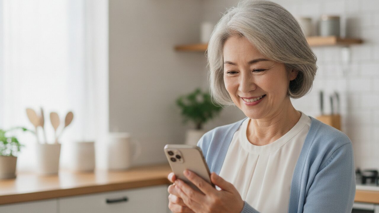 片付いたスマホ画面に満足する60代女性