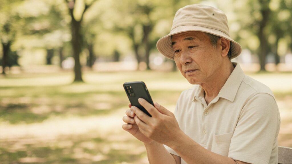 外出先でスマホの電池残量を気にする60代男性
