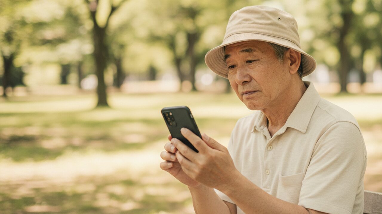外出先でスマホの電池残量を気にする60代男性