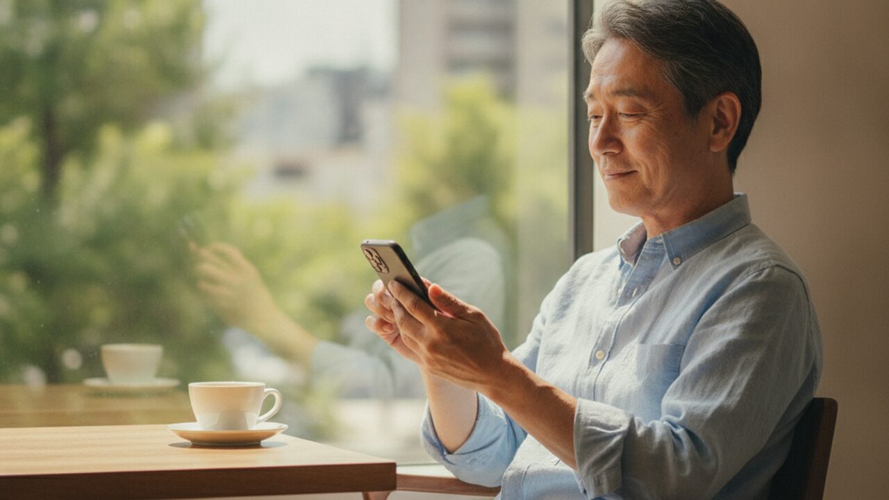 電池の心配なくカフェでスマホを使う60代男性