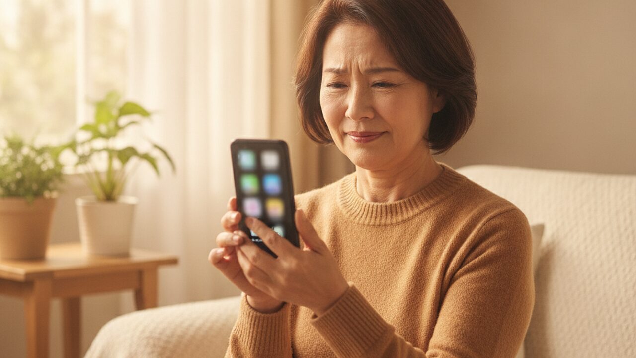 スマホの文字が小さくて読みにくい様子の60代女性