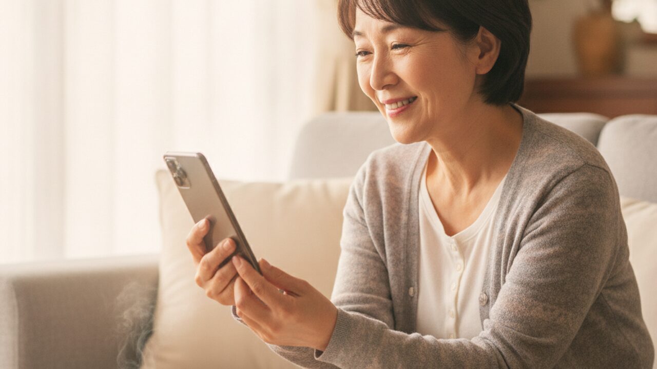 文字が見やすくなり笑顔でスマホを読む60代女性