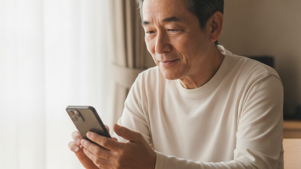 落ち着いて対処し安心した表情の60代男性