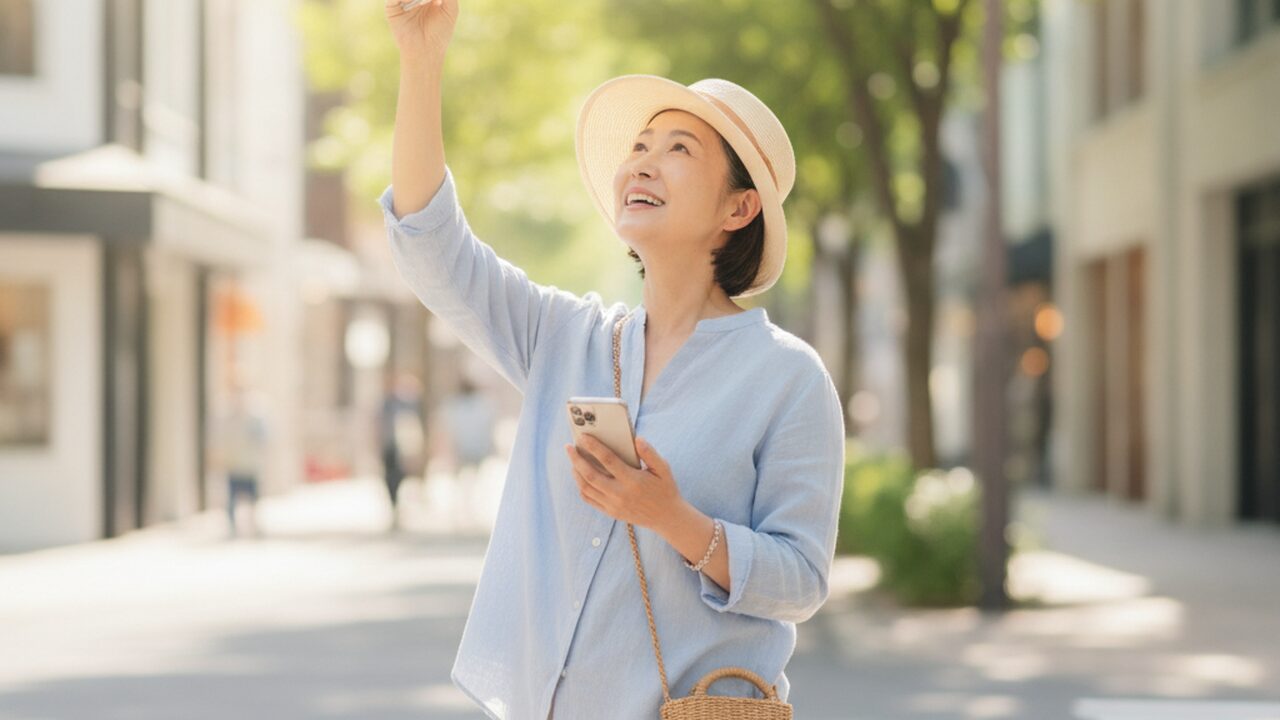 スマホの地図を見ながら街を歩く60代女性