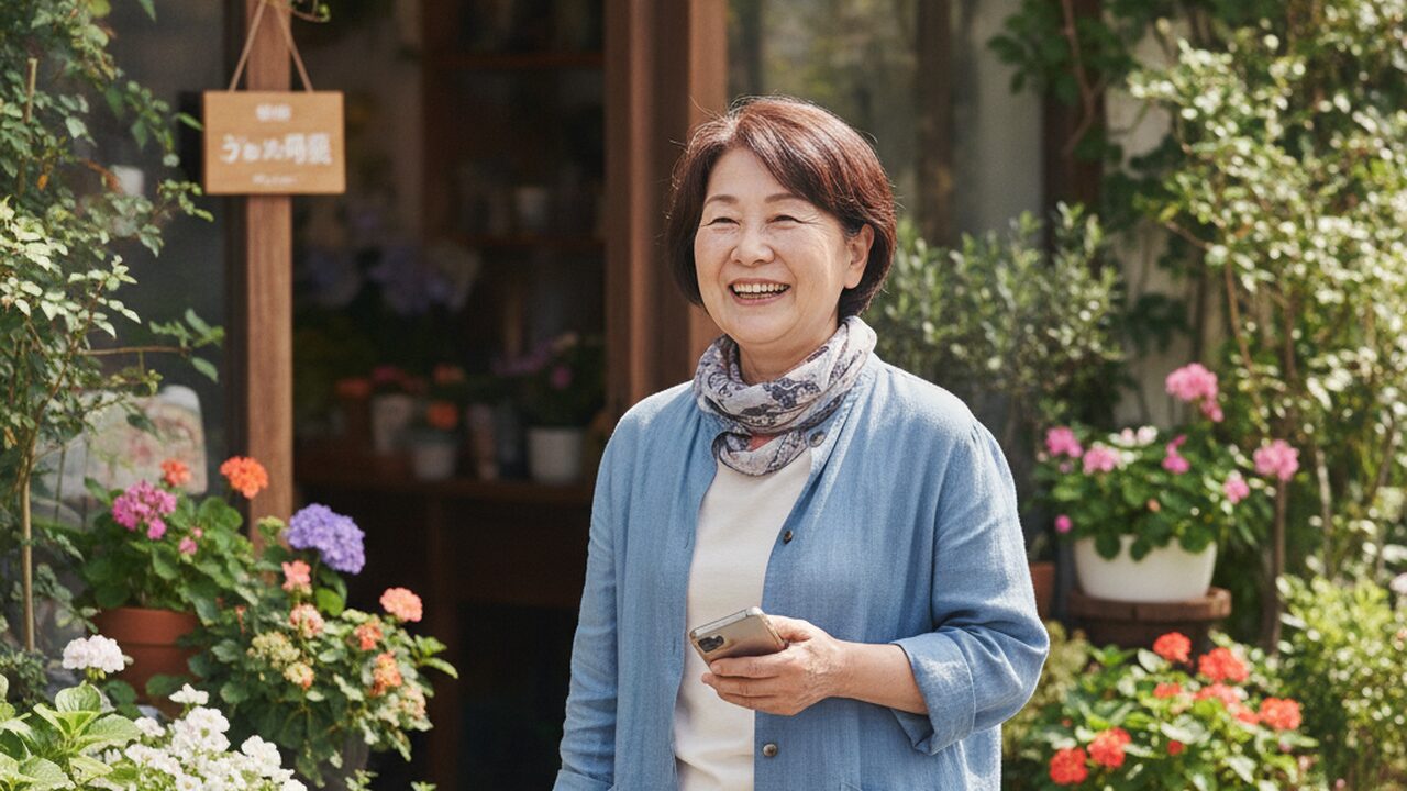 目的地に迷わず到着して微笑む60代女性