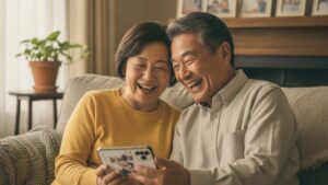 スマホで家族の便りを一緒に見て笑う60代夫婦
