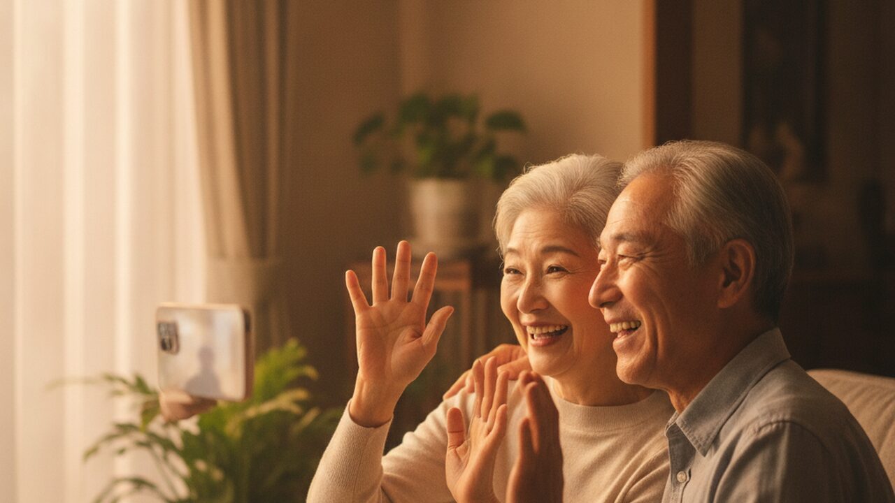ビデオ通話で孫に手を振る60代夫婦