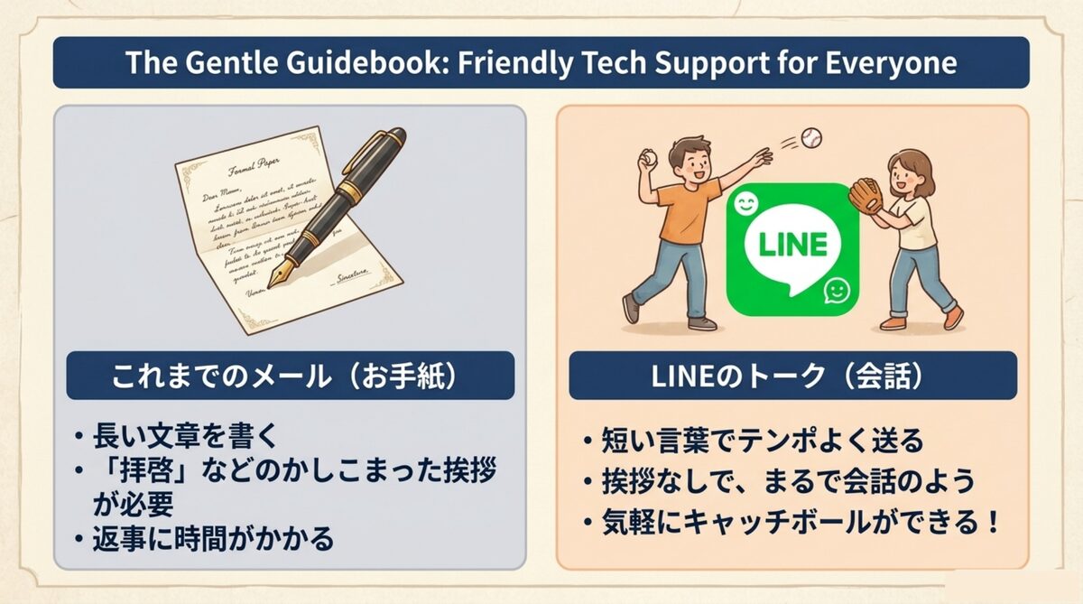 メール（お手紙）は形式が必要。LINEのトーク（会話）は短い言葉でテンポよくやり取りできる