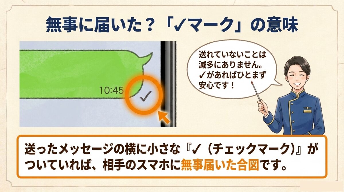 送ったメッセージの横に小さな「✓（チェックマーク）」があれば、相手のスマホに無事届いた合図