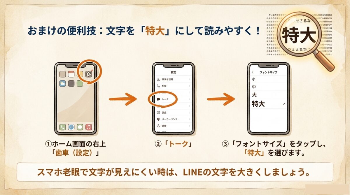 ①ホーム右上の歯車（設定）→②「トーク」→③「フォントサイズ」で「特大」を選ぶ