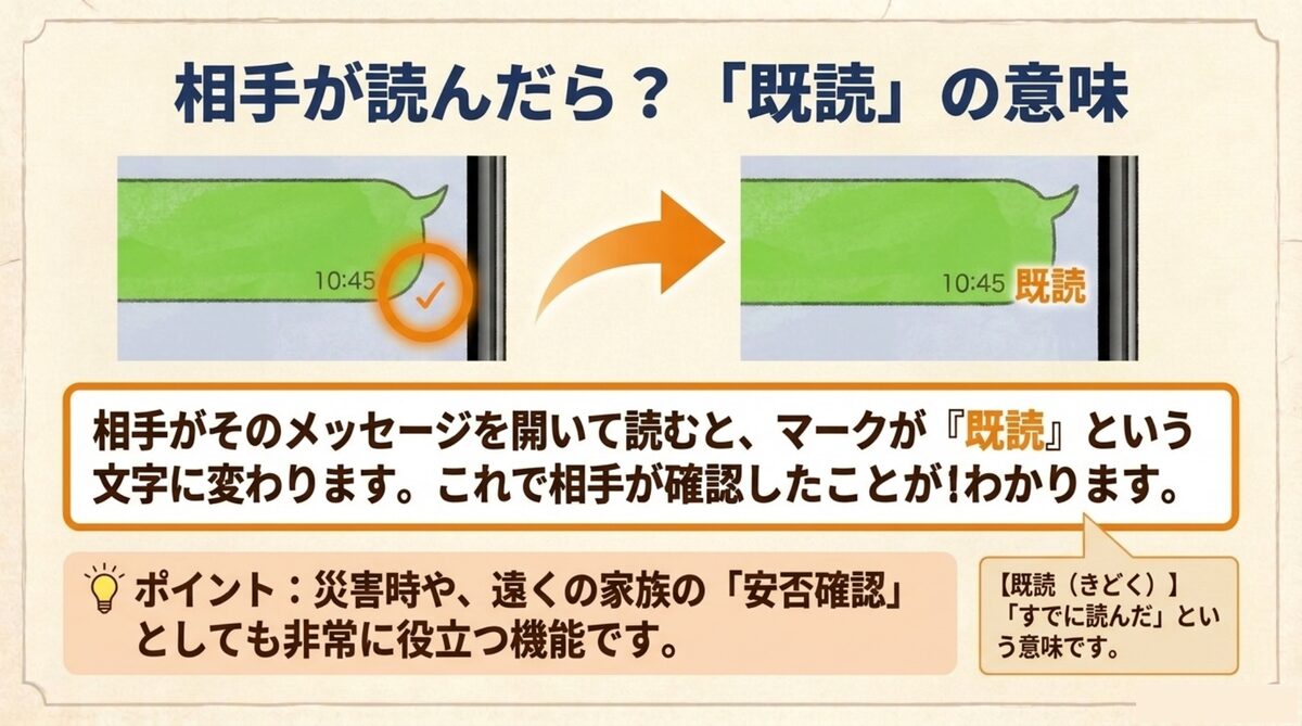 相手が読むとマークが「既読」の文字に変わる。災害時の安否確認としても役立つ