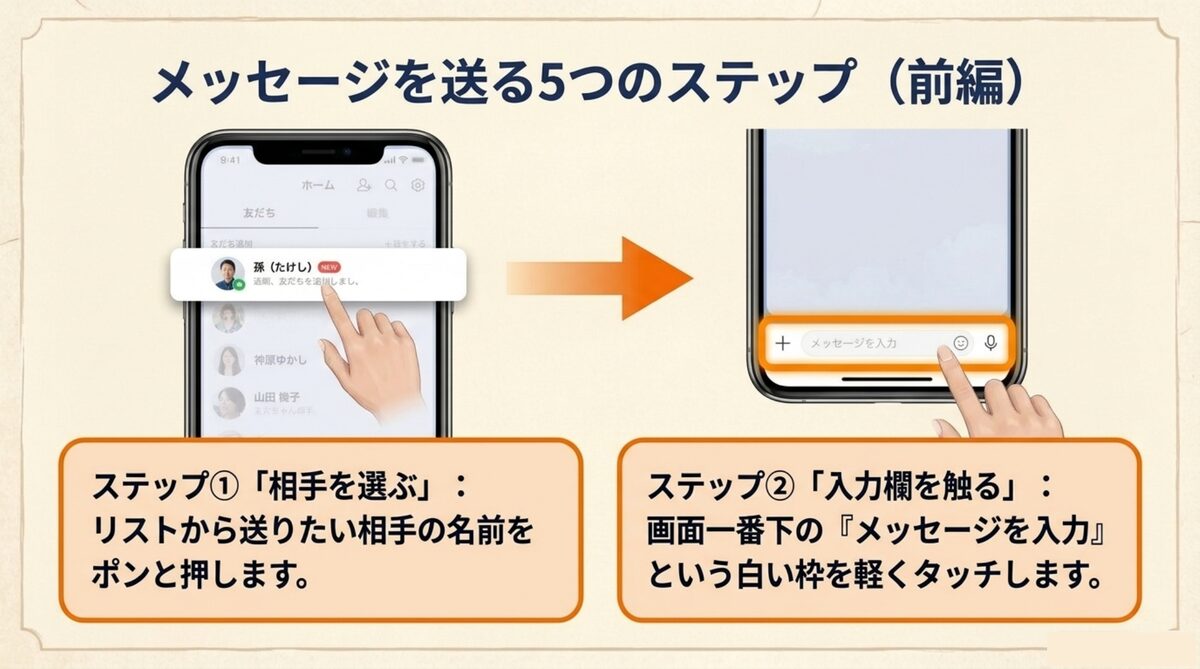 ステップ①リストから相手の名前をポンと押す ②画面一番下の「メッセージを入力」の白い枠を軽くタッチ