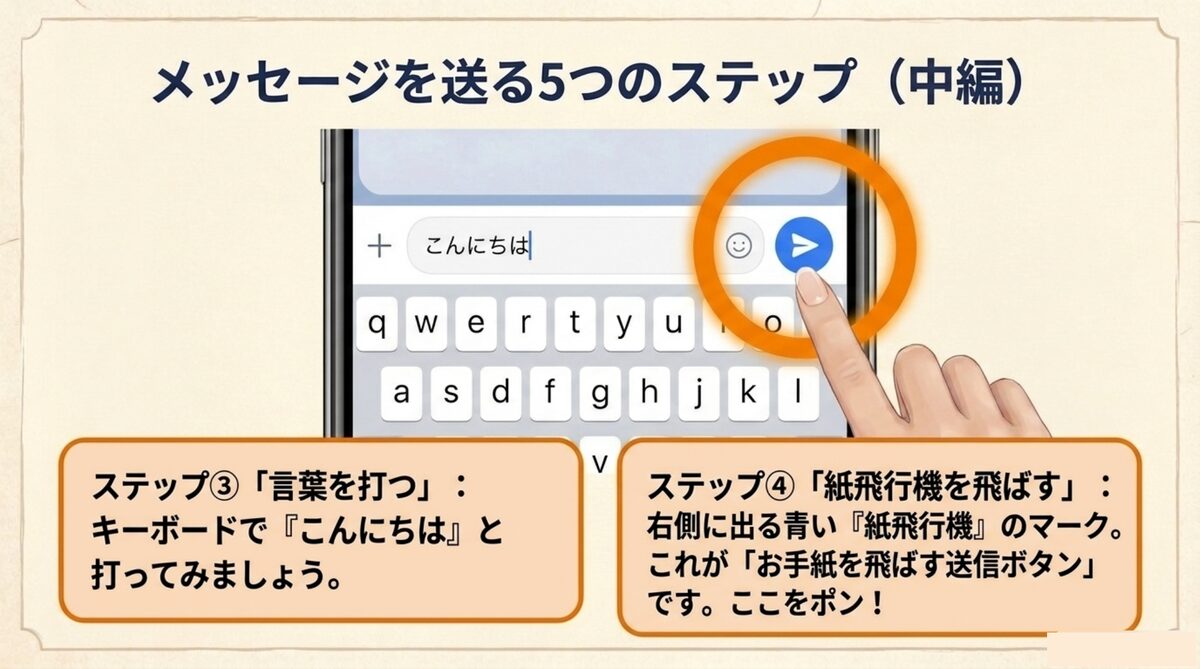 ステップ③キーボードで「こんにちは」と打つ ④右に出る青い「紙飛行機」のマークをポンと押す