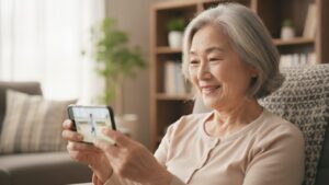 スマホで孫の動画を見て微笑む60代女性