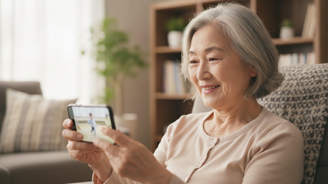 スマホで孫の動画を見て微笑む60代女性