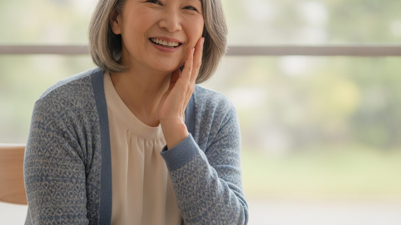 動画を送り終えて満足そうな60代女性