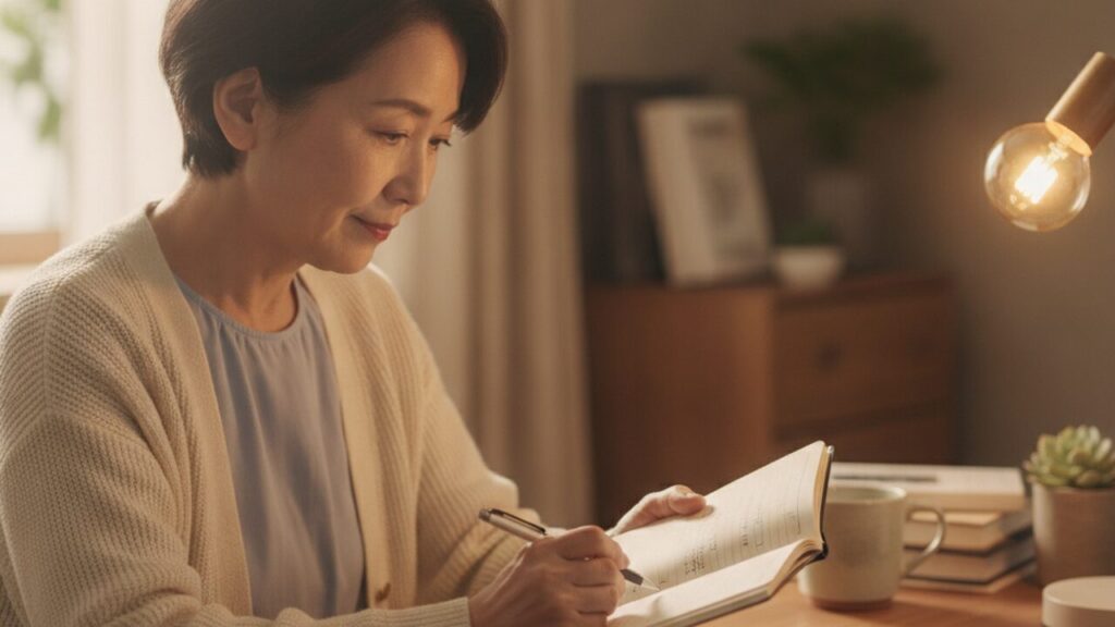 ノートとスマホでパスワードを管理する60代女性