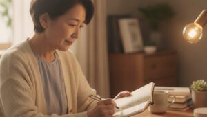 ノートとスマホでパスワードを管理する60代女性