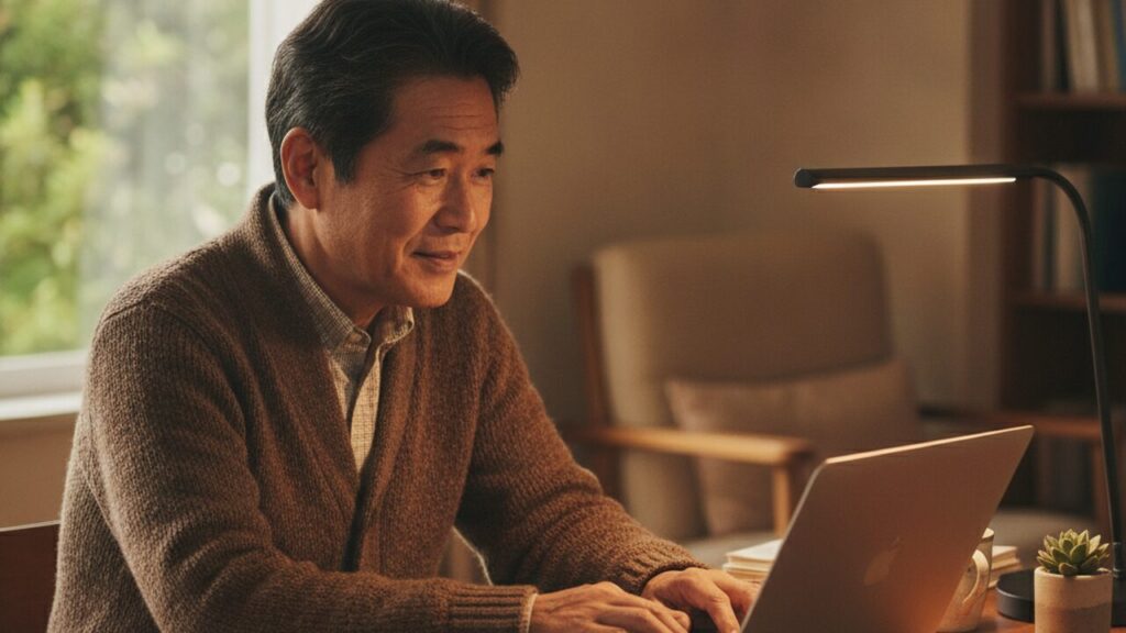 スマホとパソコンをつないで写真を移す60代男性