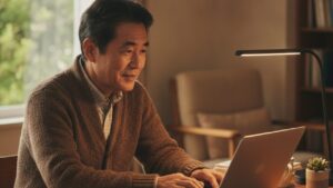 スマホとパソコンをつないで写真を移す60代男性