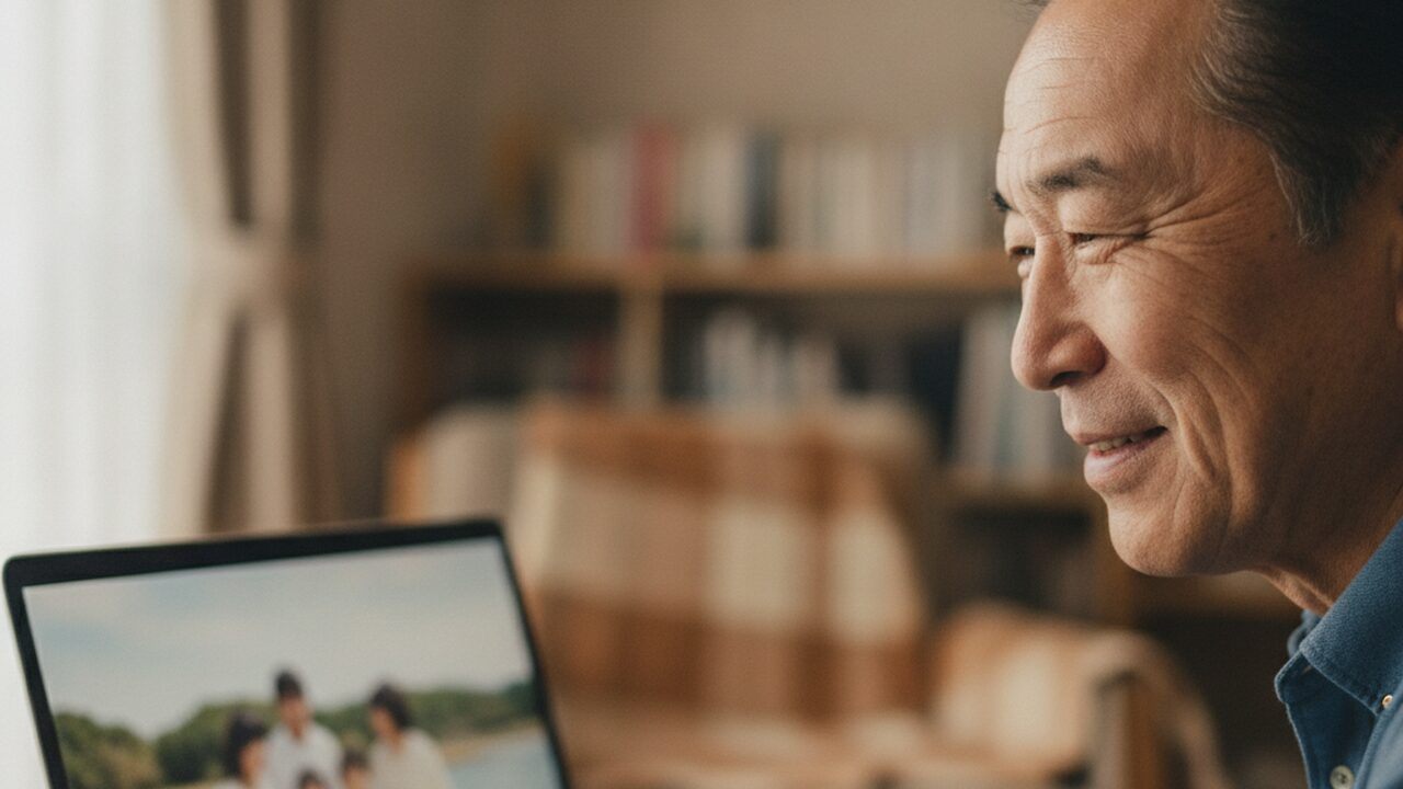 パソコンの大画面で家族写真を楽しむ60代男性