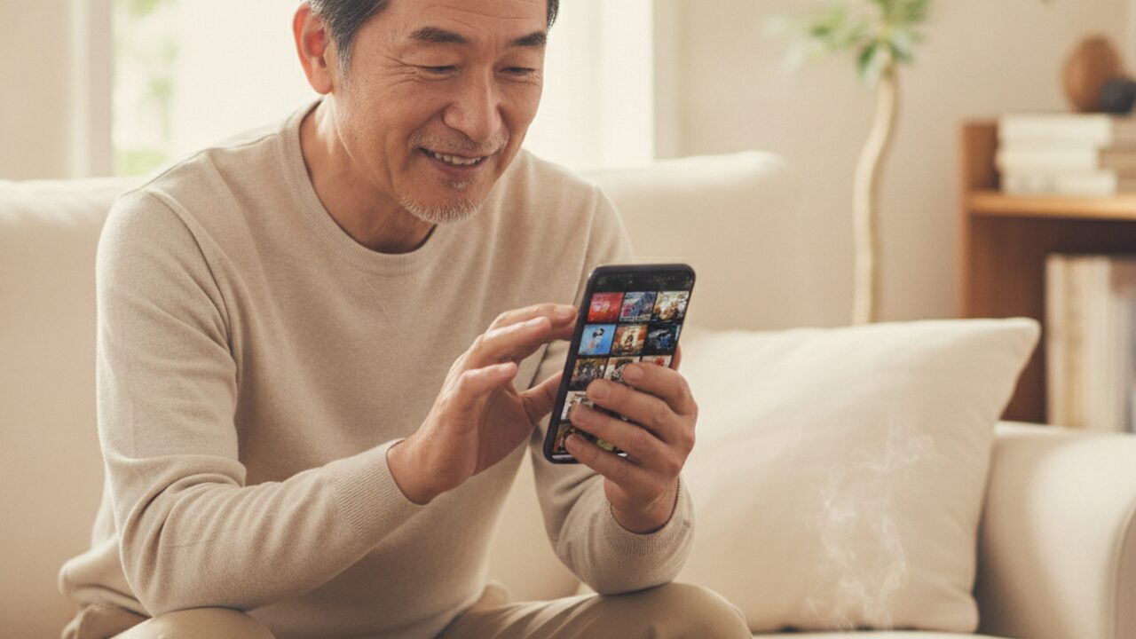 スマホで見たい作品を選ぶ60代男性